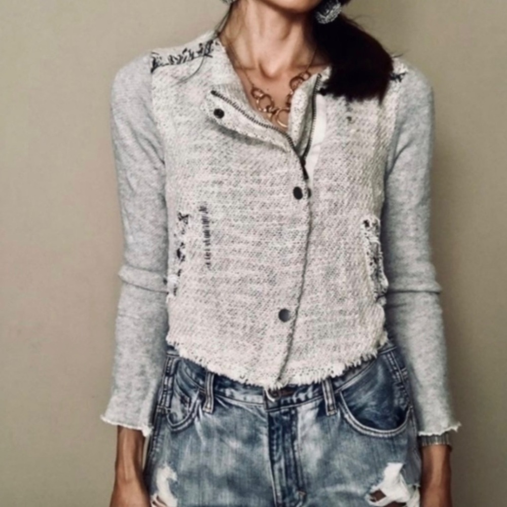 Free People We The Free Moto Jacket Grey Tweed Collarless Snaps Pockets Size 4